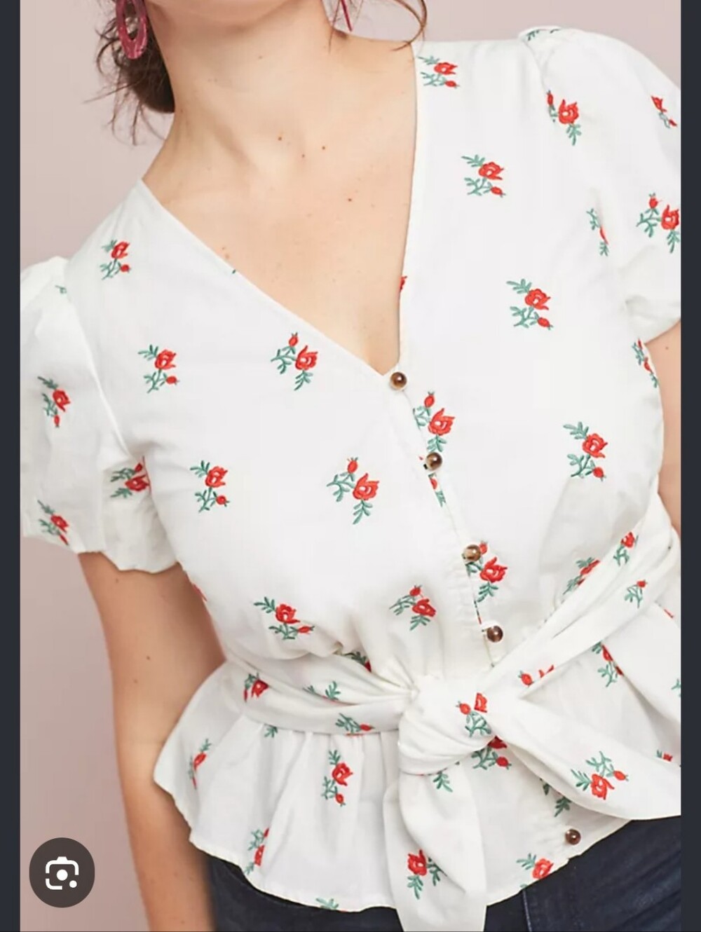 Anthropologie Maeve Embroidered White Floral Wrap Blouse with Red Rose